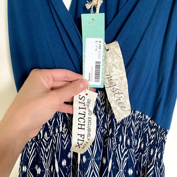 NWT Stitch Fix Mystree Sid Blue Diamond Surplice Neck Halter Slit Maxi Dress S - Picture 4 of 7